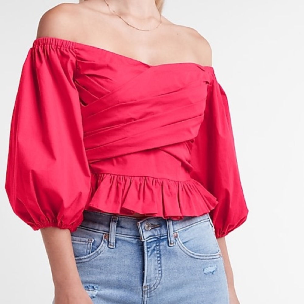 EXPRESS Off The Shoulder Puff Sleeve Wrap Front Top